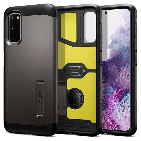 Tough Armor	Gunmetal	Case	showing the back design, inner lining with yellow impact foam, and front view of the edge around the	Galaxy S20	device.
