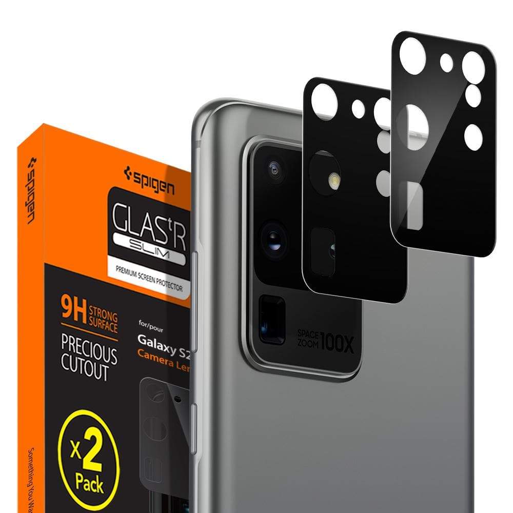 Galaxy S20 Ultra / Galaxy S20 Ultra 5G Full Cover Camera Lens Screen Protector showing the packaging, device, and two lens protectors