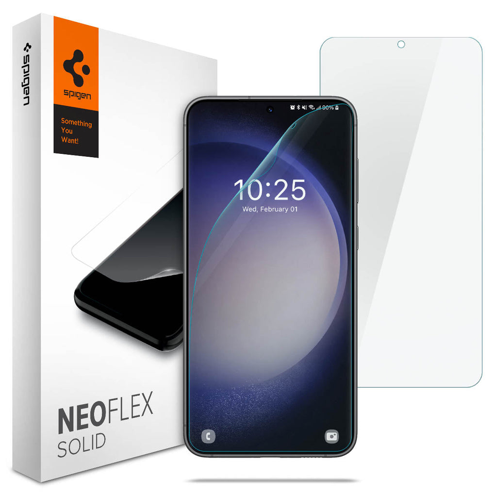 Galaxy S23 Plus Screen Protector Neo Flex Solid showing the device, screen protector and packaging