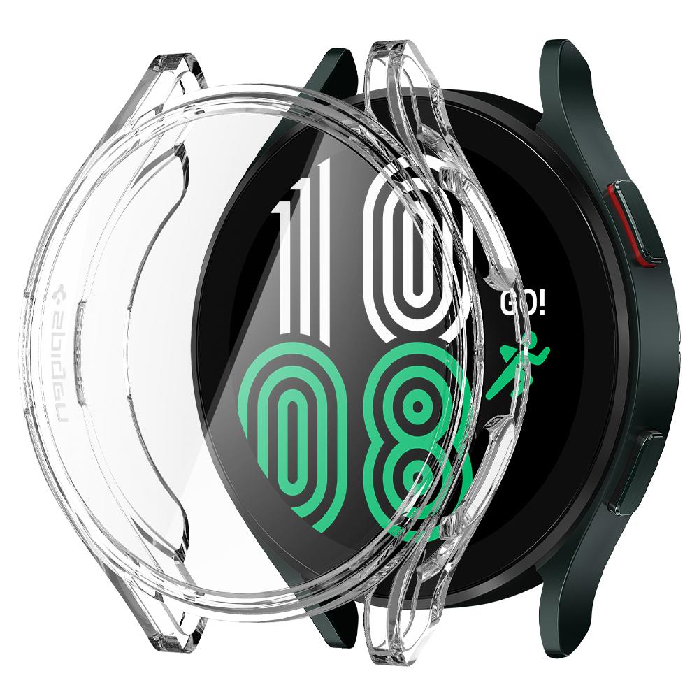 Galaxy Watch Active 4 (44mm) Case Ultra Hybrid in crystal clear showing the front and side with case hovering in front of watch face