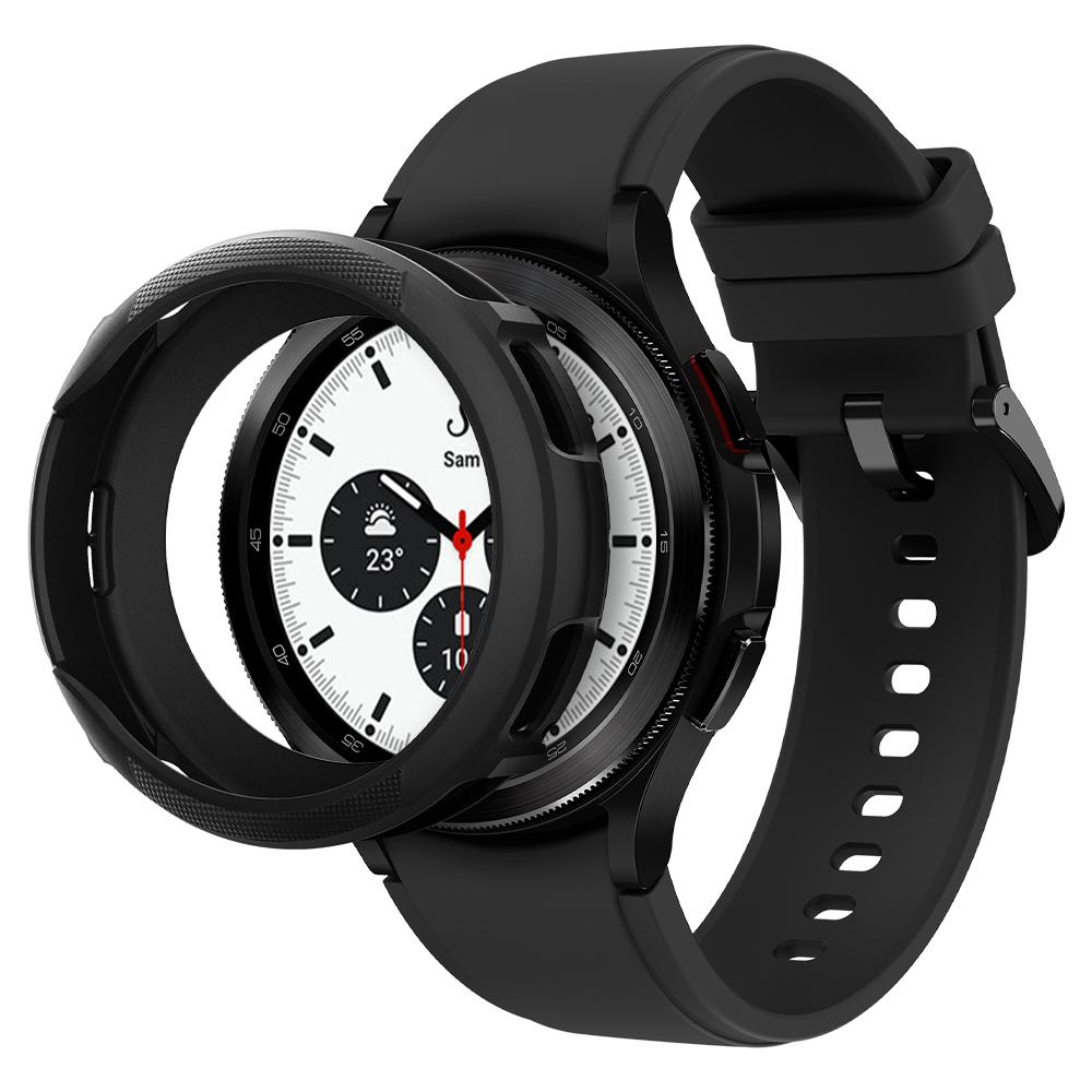 Galaxy Watch 4 Classic (46mm) Case Liquid Air in matte black showing the front placed in front of watch face