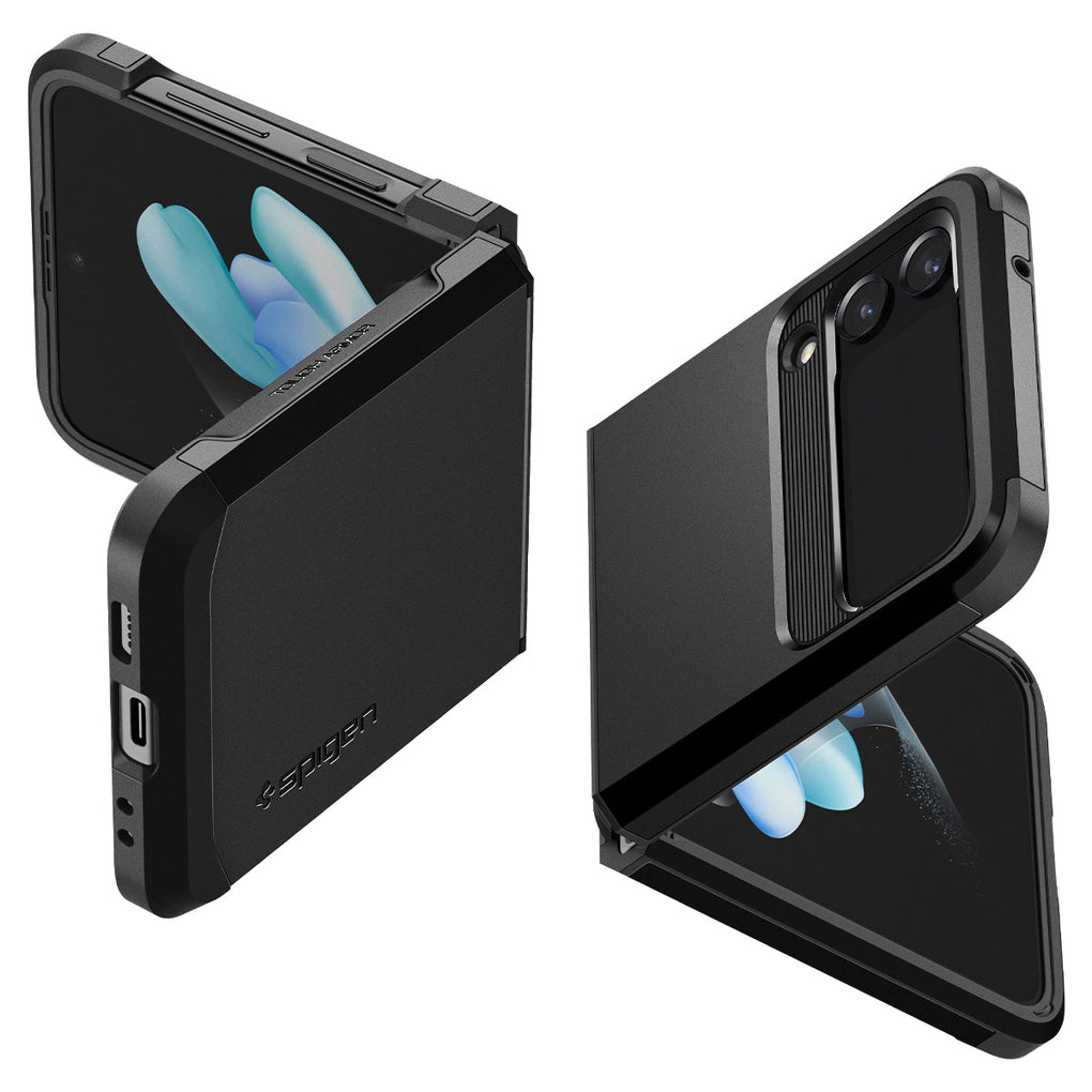 Galaxy Z Flip 4 Case Tough Armor in black showing the back, sides and partial front