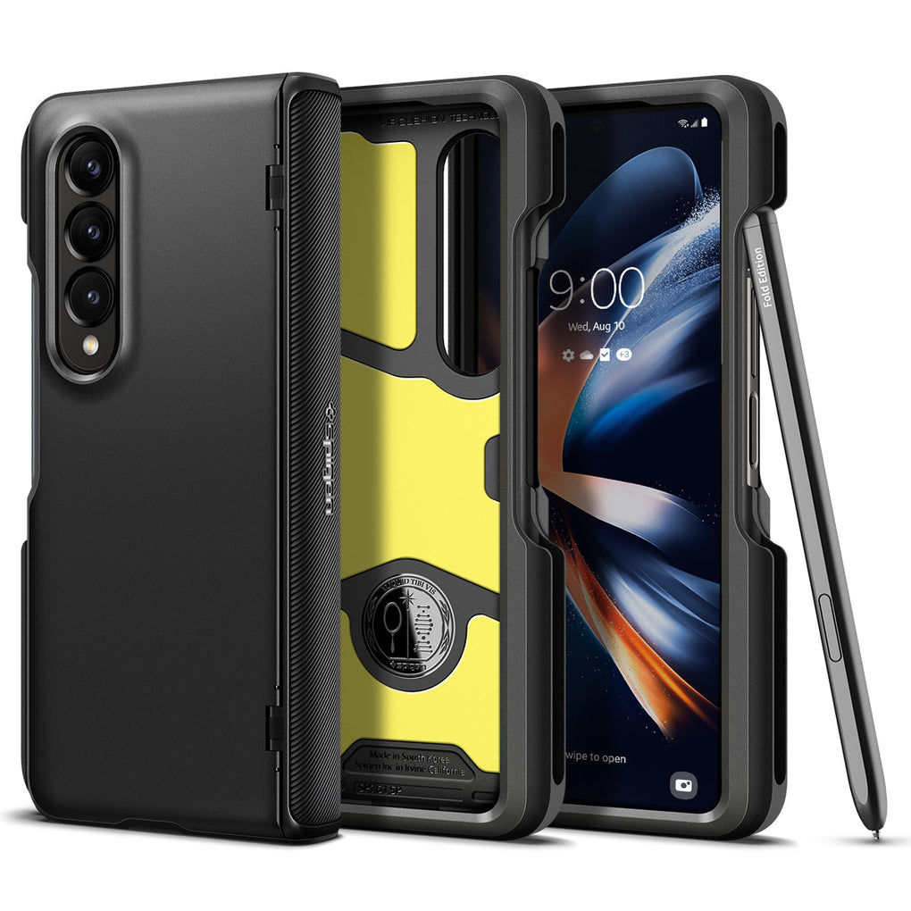 Galaxy Z Fold 4 Case Slim Armor Pro Pen Edition in black showing the back, inside and front with s pen leaning against the device