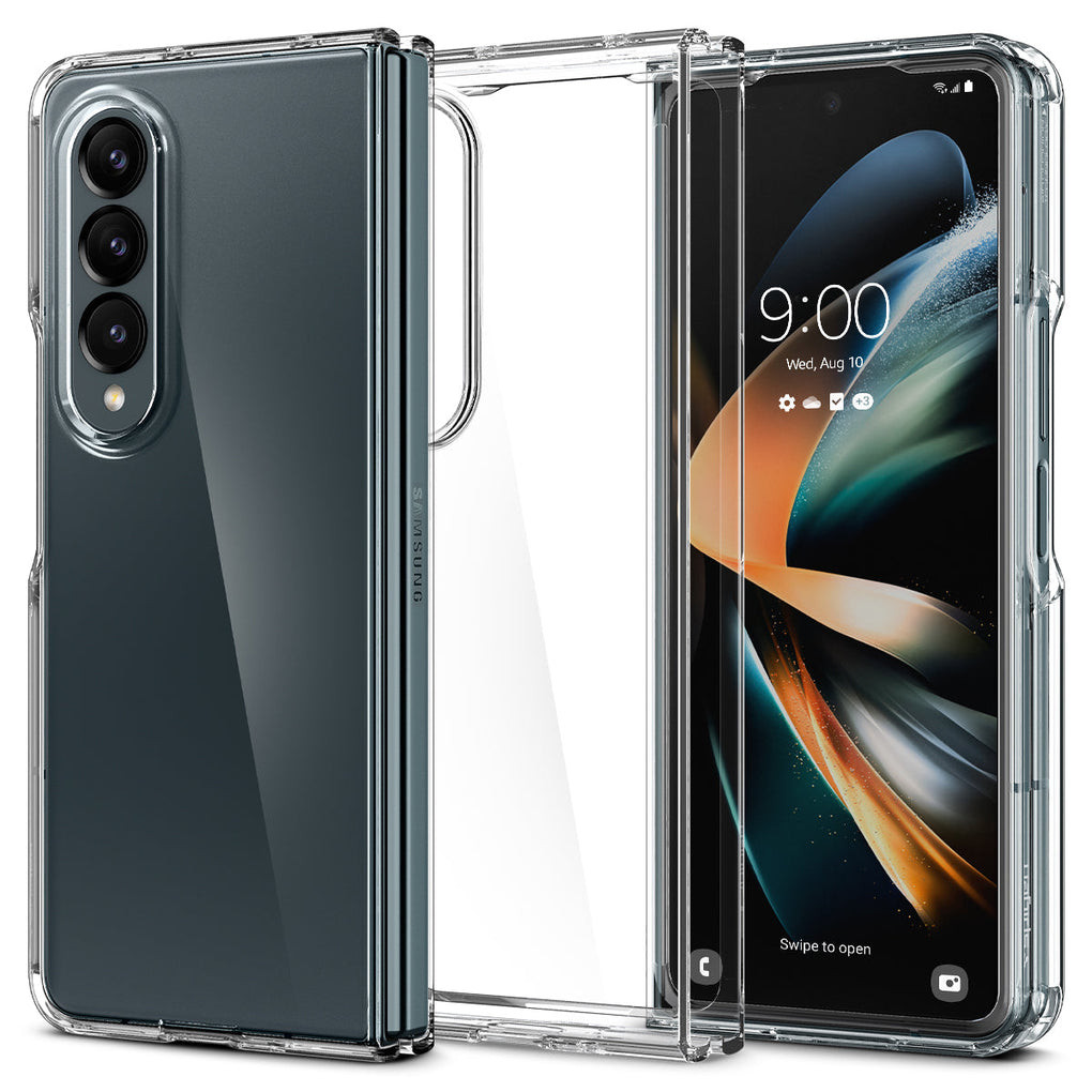 Galaxy Z Fold 4 Case Ultra Hybrid in crystal clear showing the back, inside and front