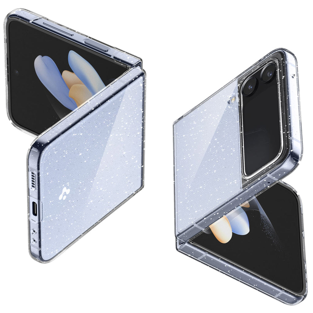 Galaxy Z Flip 4 Case Air Skin Glitter in crystal quartz showing the back, side and partial front of two devices