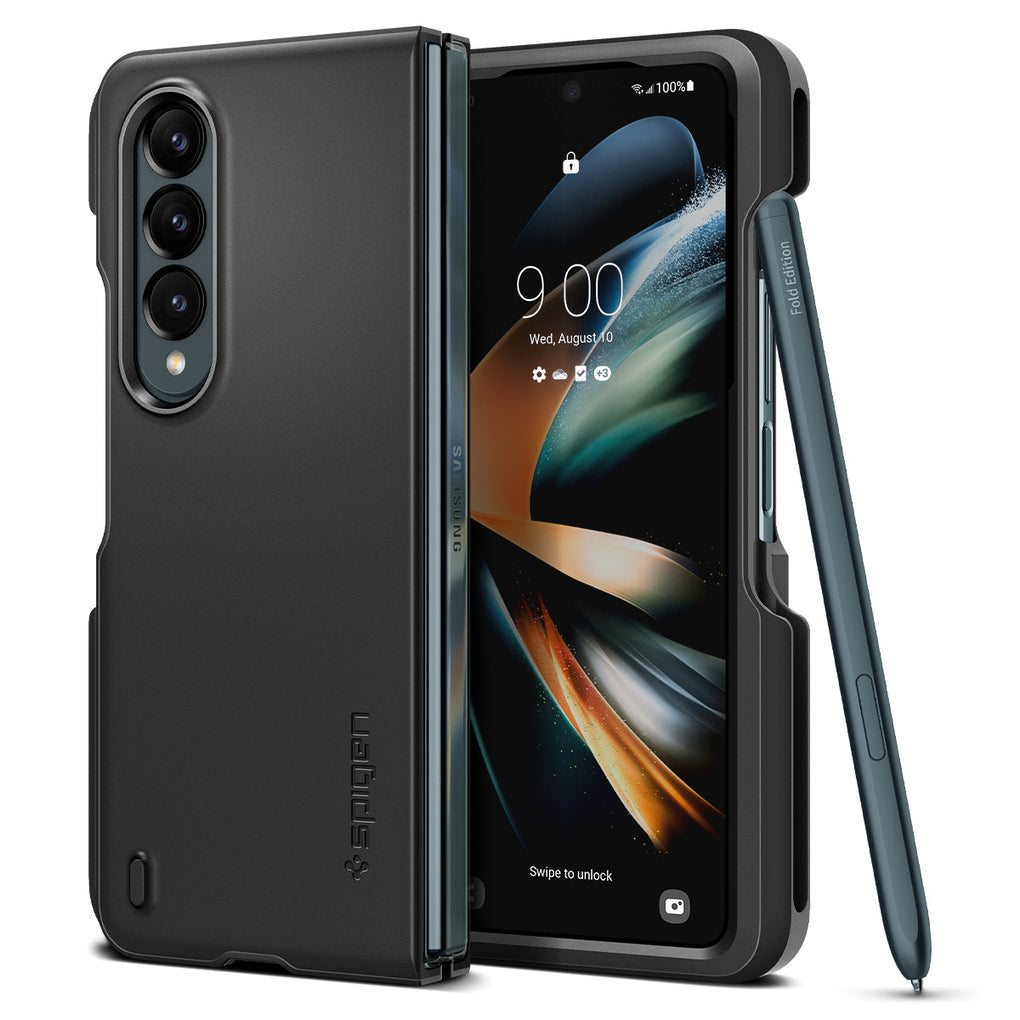 Galaxy Z Fold 4 Case Thin Fit P in black showing the back, front and s pen leaning on device