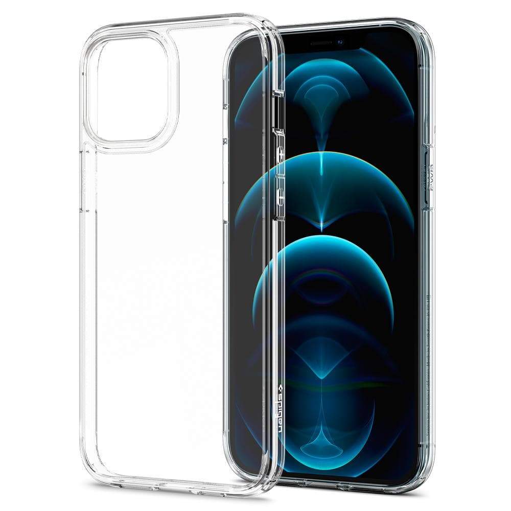 Crystal Clear iPhone 12 Pro Max Case Ultra Hybrid showing the back without device and front with device