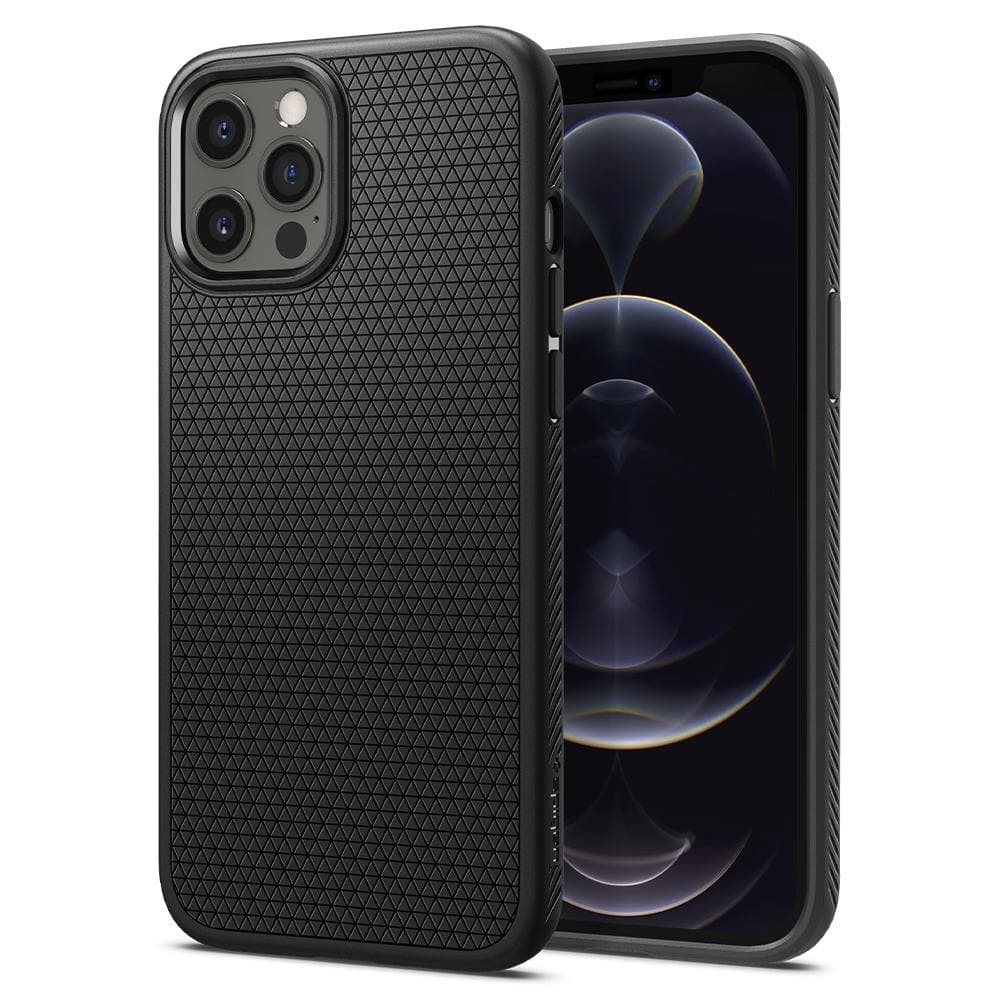iPhone 12 Case Liquid Air in black showing the back and front on iPhone 12 Pro