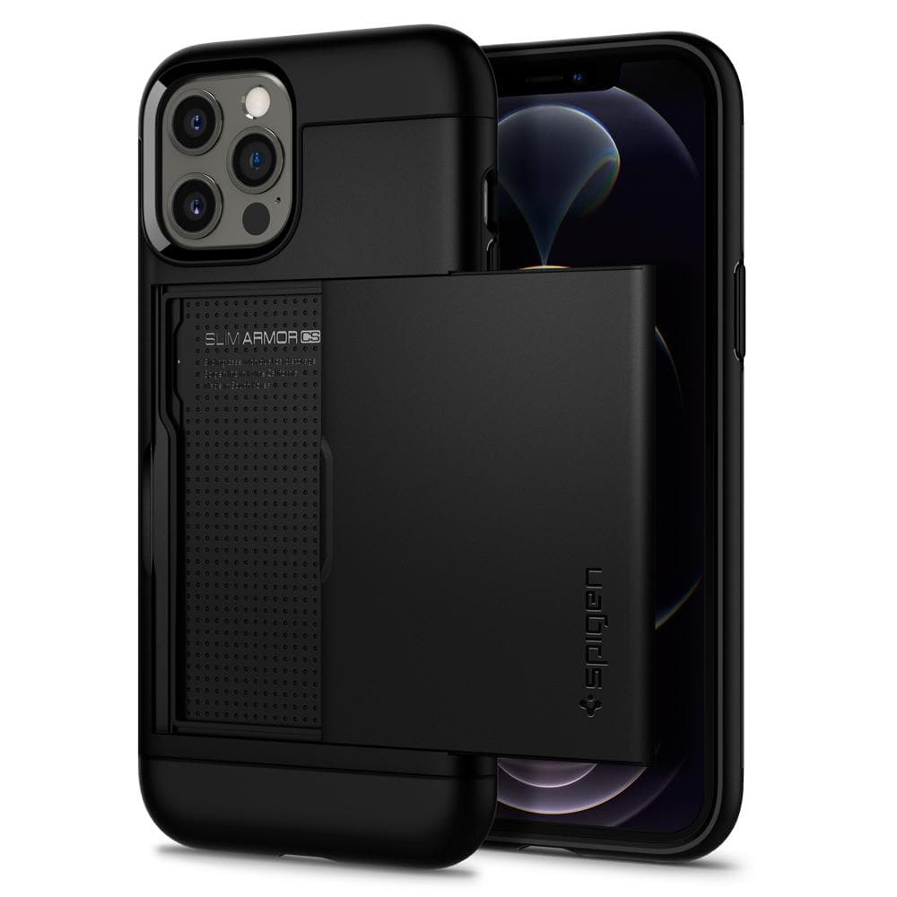 iPhone 12 Pro Max Case Slim Armor CS in black showing the front and back with card slot open