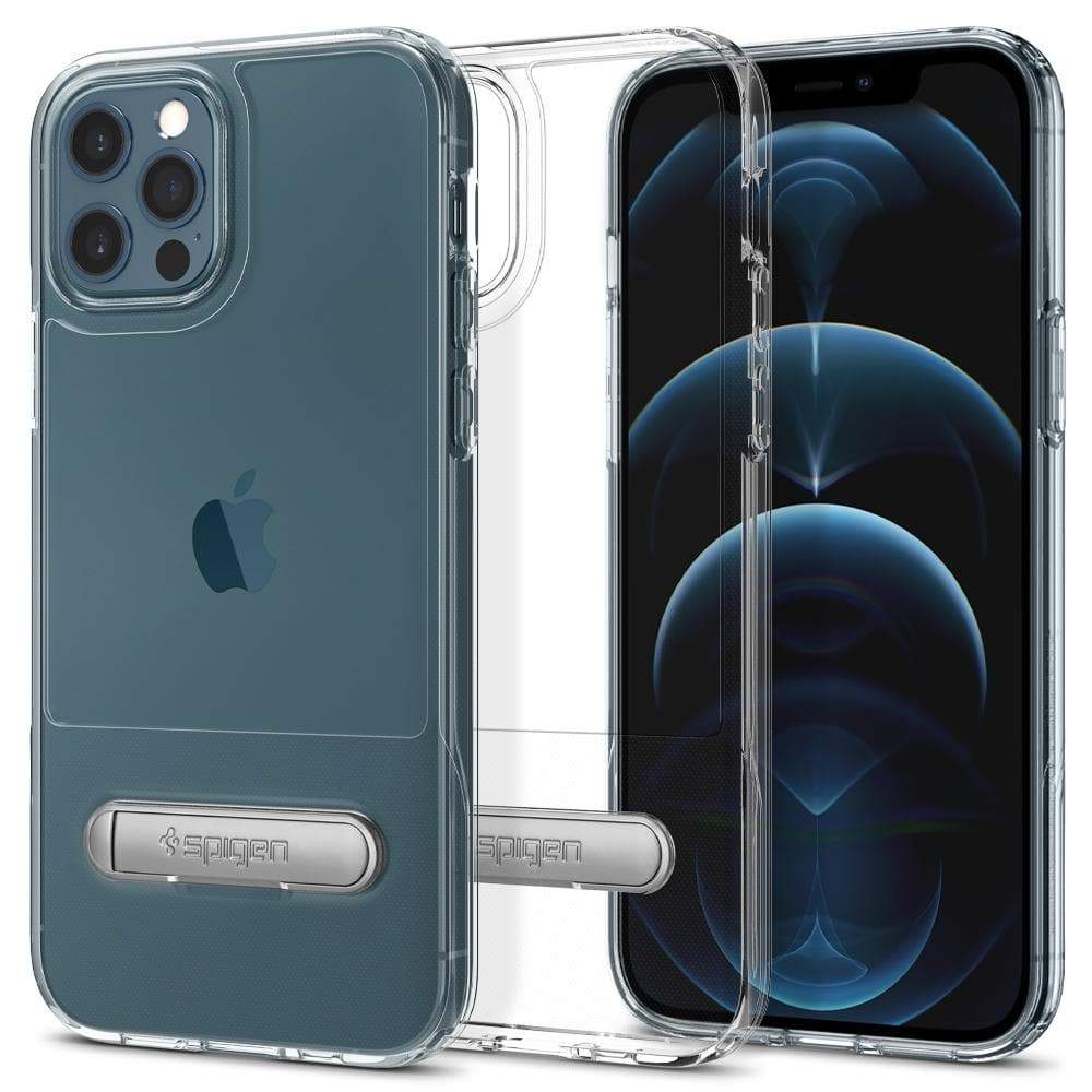 iPhone 12 Case Slim Armor Essential S in crystal clear showing the back, inside and front on iPhone 12 Pro