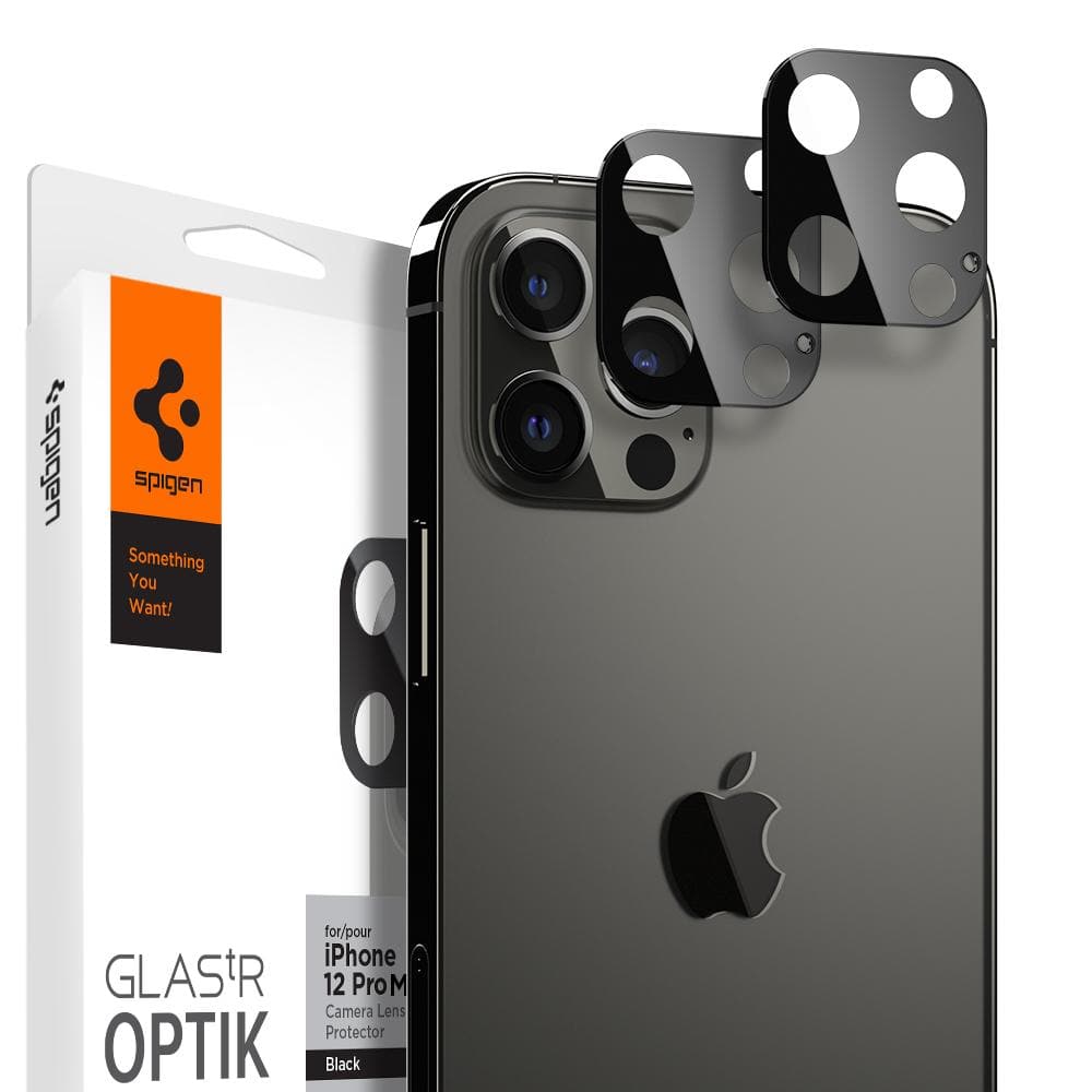 iPhone 12 Pro Max Optik Lens Protector in black showing the package, device, and two lens protectors