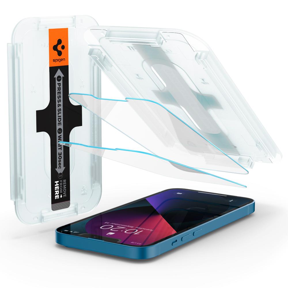 iPhone 13 Mini Screen Protector EZ FIT GLAS.tR SLIM showing the device with two screen protectors and ez fit alignment tray