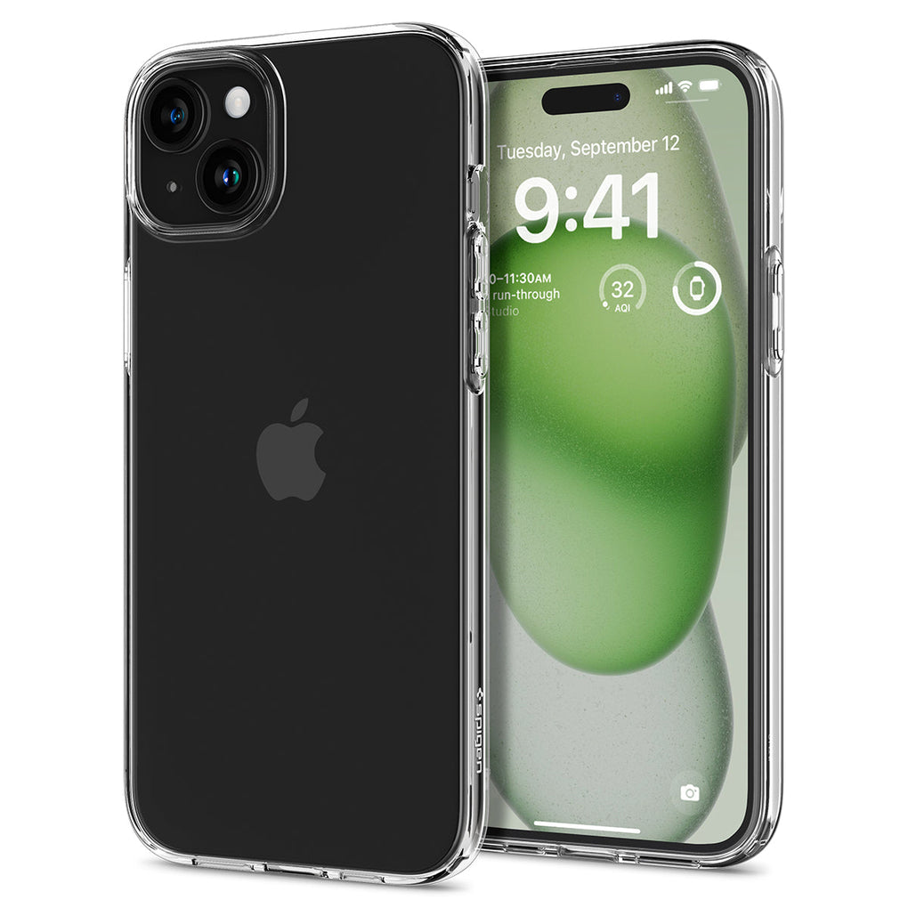 iPhone 15 Plus Case Liquid Crystal in crystal clear showing the back and front