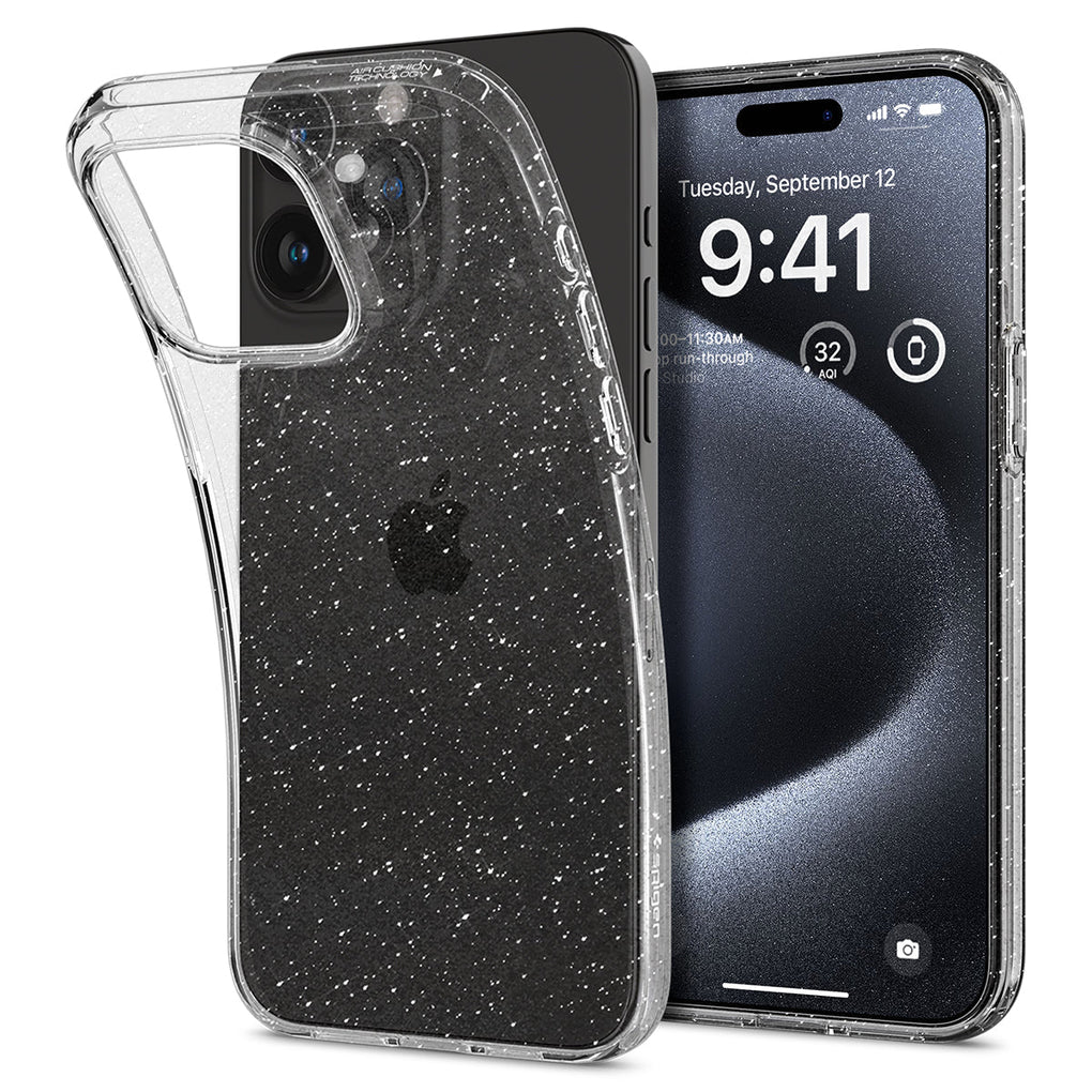 iPhone 15 Pro Case Liquid Crystal Glitter in crystal quartz showing the back and front