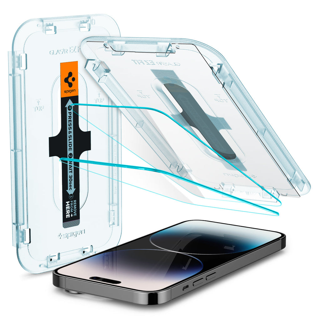 iPhone 14 Pro Screen Protector EZ FIT GLAS.tR (Sensor Protection) showing the device, two screen protectors, and ez fit tray