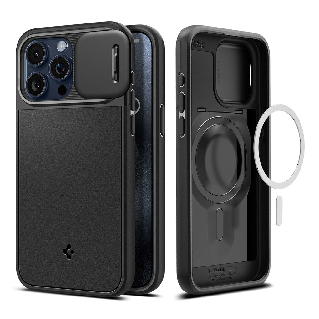 iPhone 15 Pro Case Optik Armor (MagFit) in black showing the back and front with lens slot open