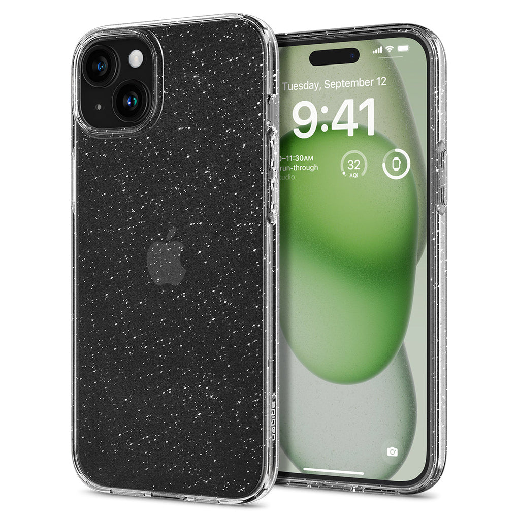 iPhone 15 Plus Case Liquid Crystal Glitter in crystal quartz showing the back and front