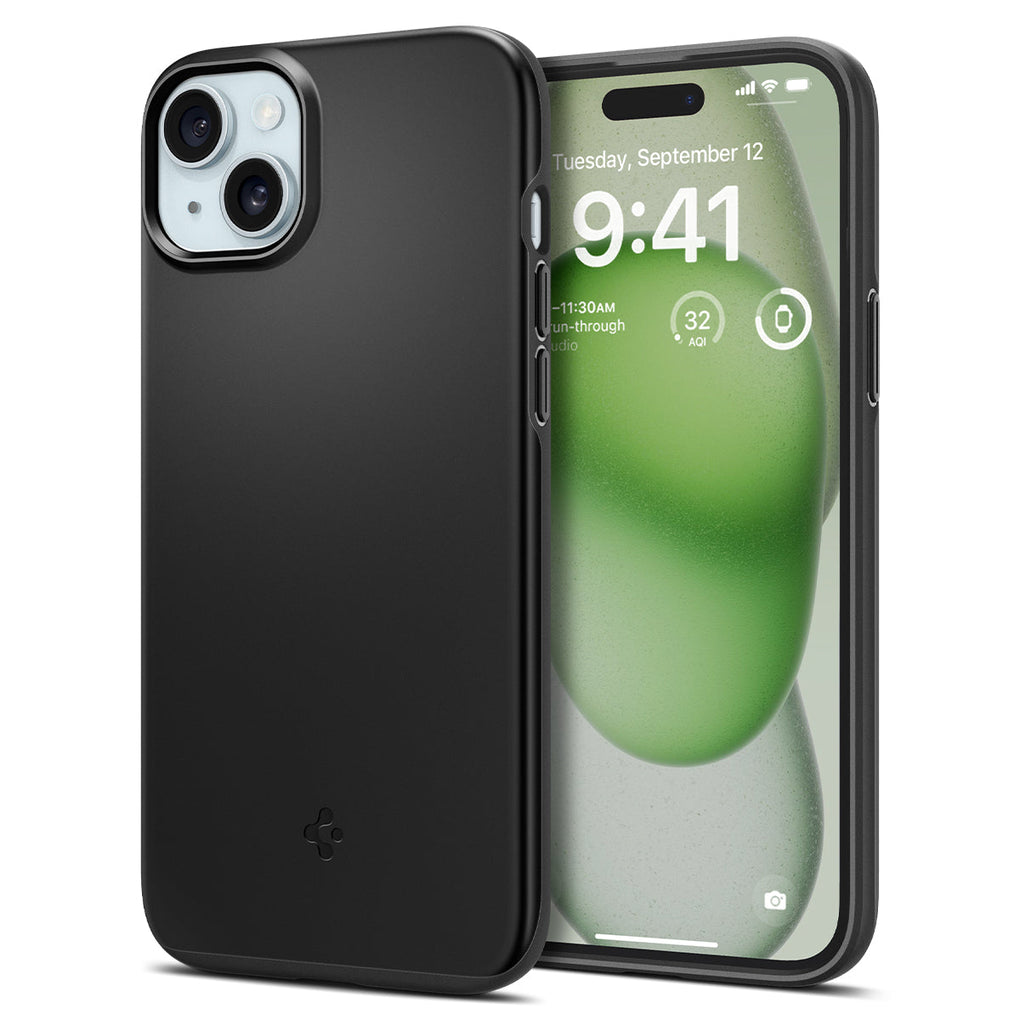 iPhone 15 Plus Case Thin Fit in black showing the back and front
