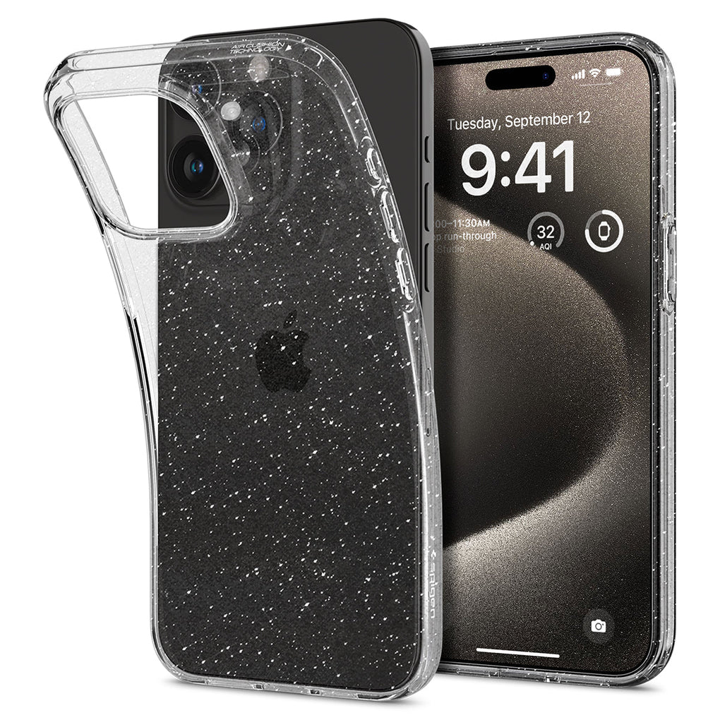 iPhone 15 Pro Max Case Liquid Crystal Glitter in crystal quartz showing the back and front