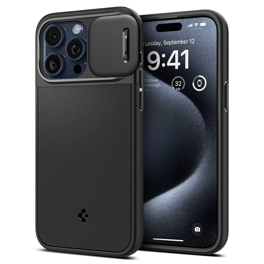 iPhone 15 Pro Max Case Optik Armor (MagFit) in black showing the back and front with lens slot open