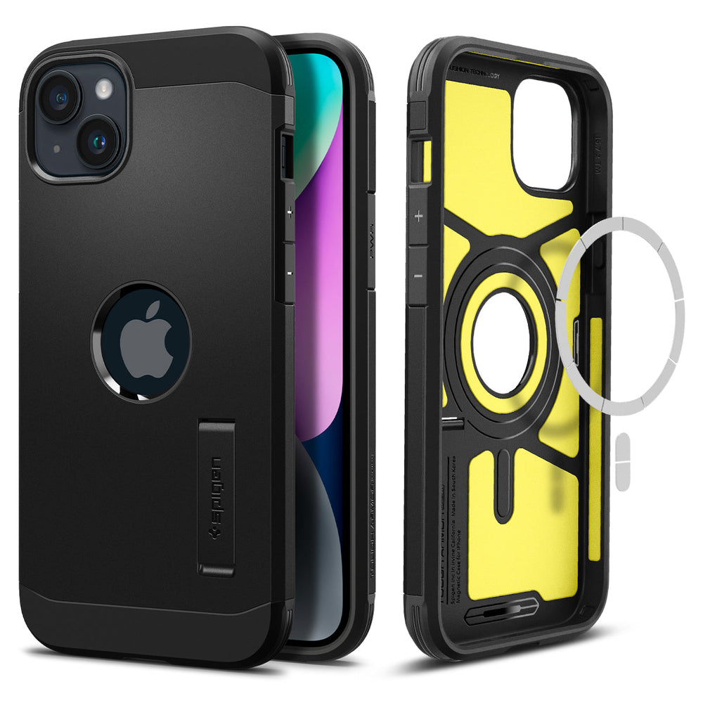 iPhone 14 Plus Case Tough Armor (MagFit) in black showing the back, front and magsafe layer of back