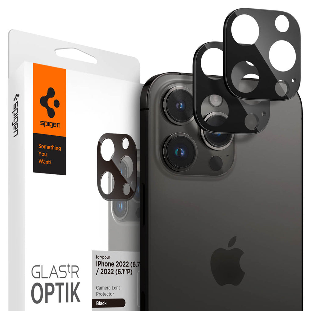 iPhone 14 Pro / 14 Pro Max Optik Lens Protector in black showing the device, two optik lens protectors and packaging
