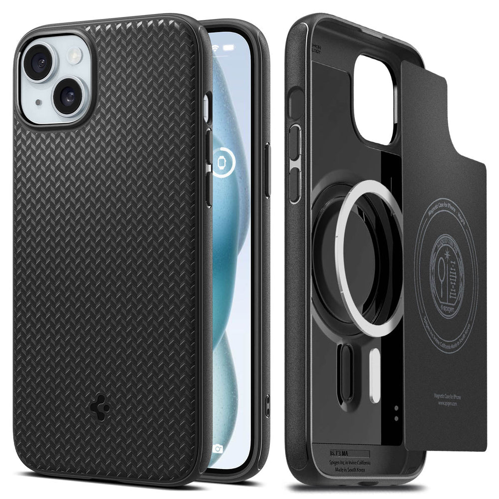 iPhone 15 Case Mag Armor (MagFit) in matte black showing the back and inside magnetic ring layers