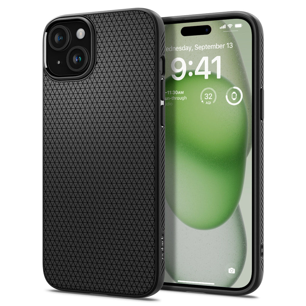 iPhone 15 Plus Case Liquid Air in matte black showing the back and front