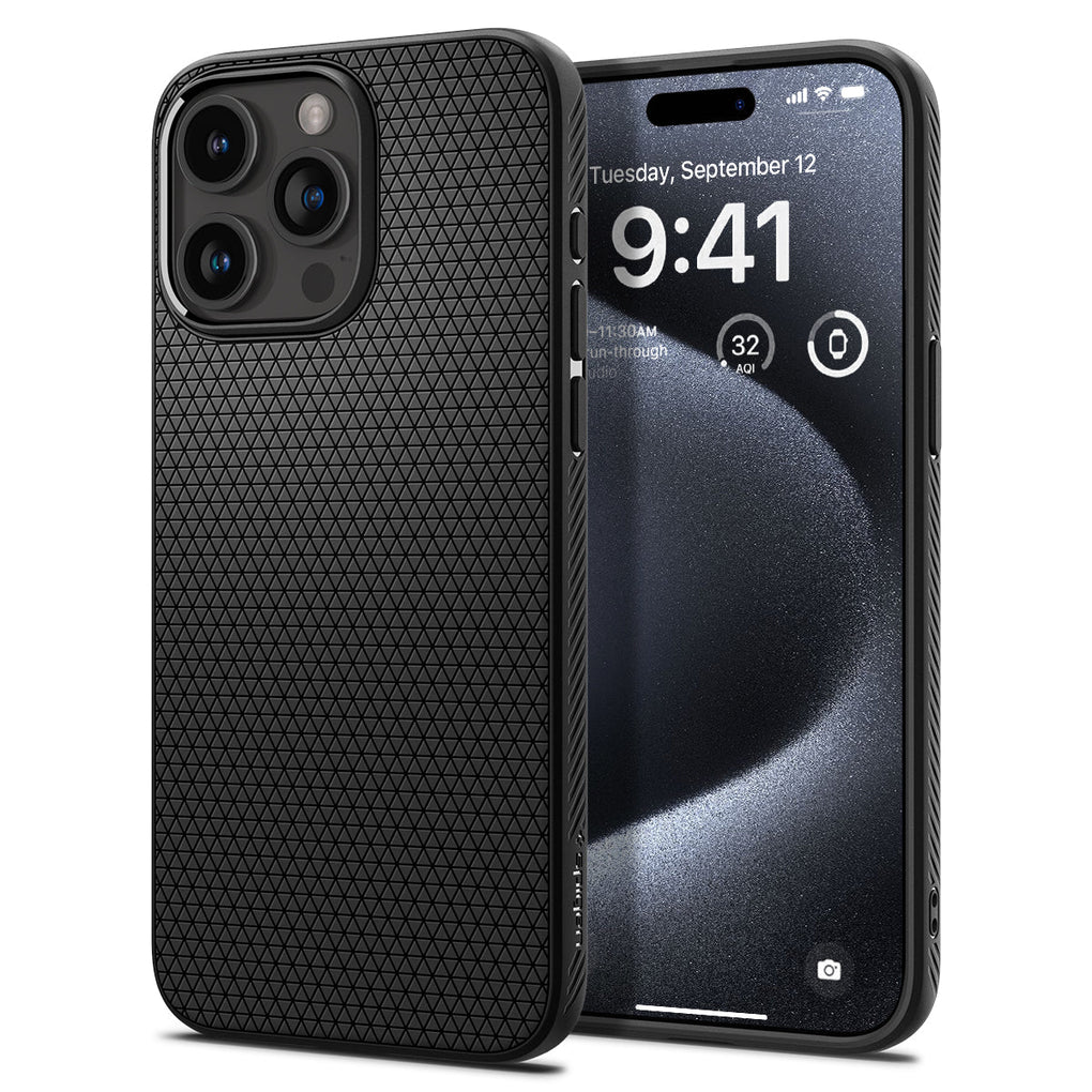 iPhone 15 Pro Case Liquid Air in matte black showing the back and front