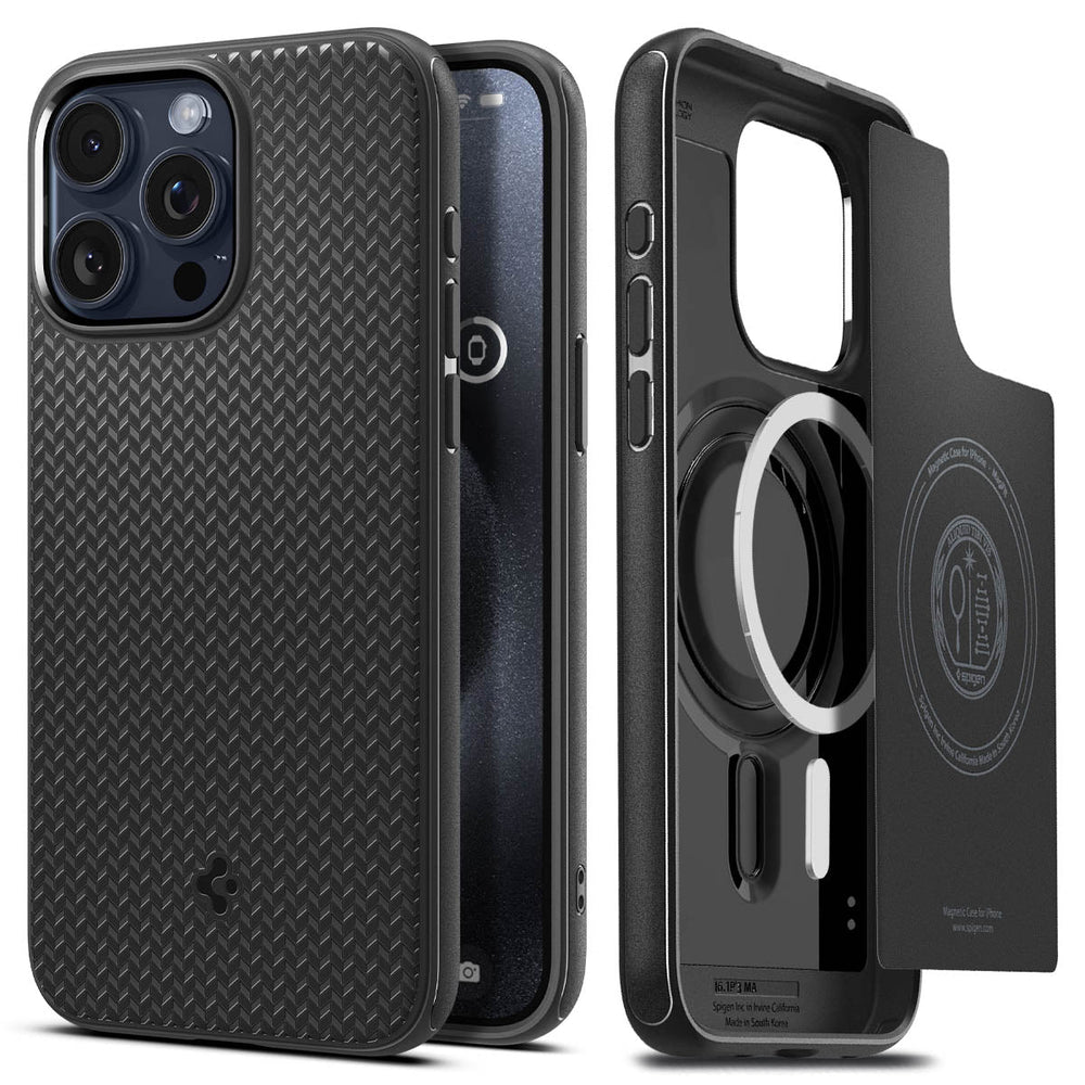 iPhone 15 Pro Case Mag Armor (MagFit) in matte black showing the back and inside magnetic ring layers