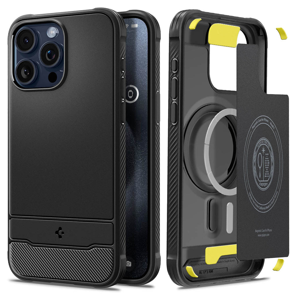 iPhone 15 Pro Case Rugged Armor (MagFit) in matte black showing the back and inside magnetic layers of case