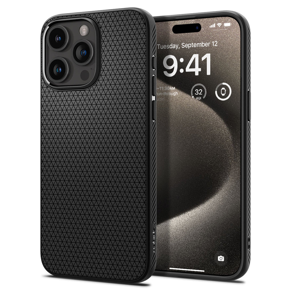 iPhone 15 Pro Max Case Liquid Air in matte black showing the back and front