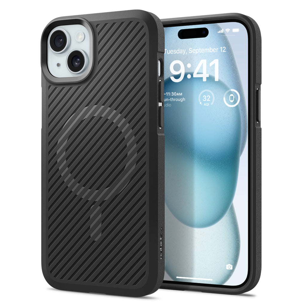 iPhone 15 Plus Case Core Armor (MagFit) in matte black showing the back and front