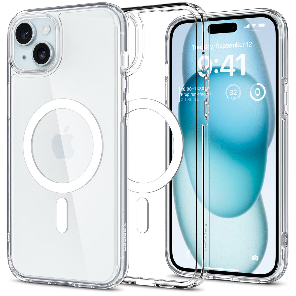 iPhone 15 Plus Case Ultra Hybrid (MagFit) in white showing the back and front