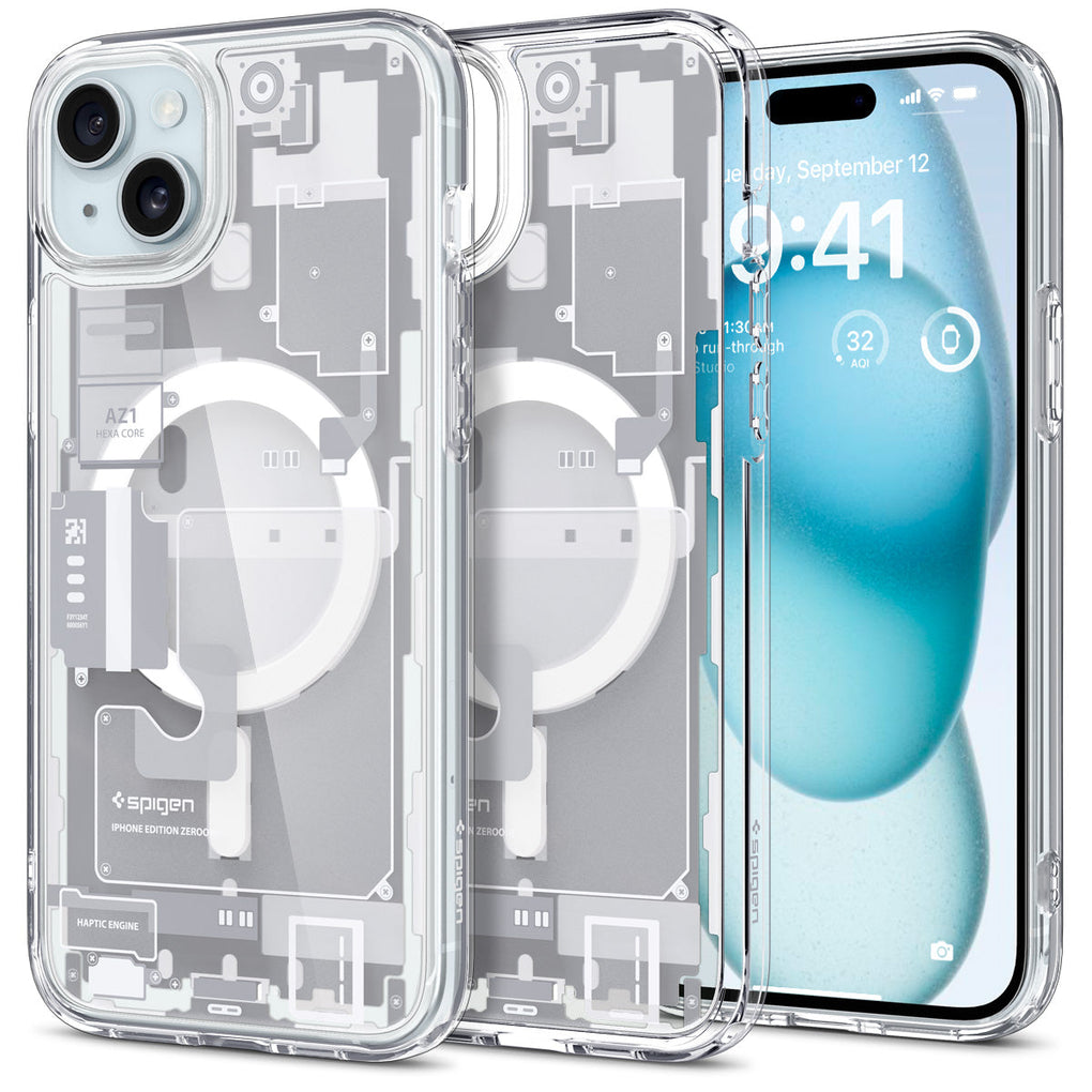 iPhone 15 Plus Case Ultra Hybrid Zero One (MagFit) in white showing the back and front
