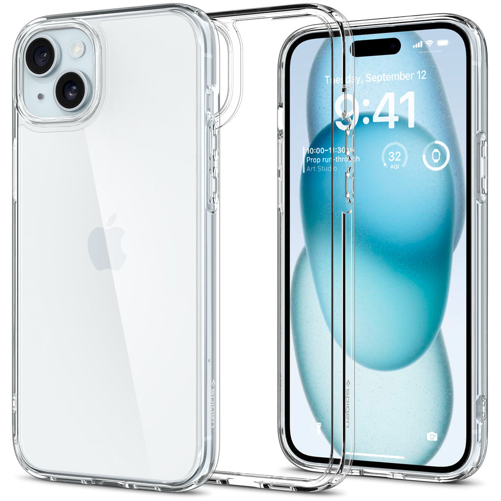 iPhone 15 Plus Case Ultra Hybrid in crystal clear showing the back, inside and front