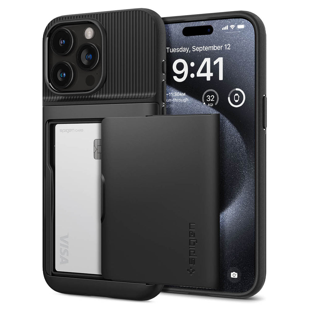 iPhone 15 Pro Case Slim Armor CS in black showing the back and front with card in slot