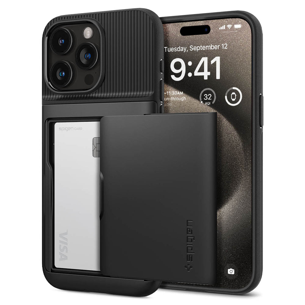 iPhone 15 Pro Max Case Slim Armor CS in black showing the back and front with card in slot