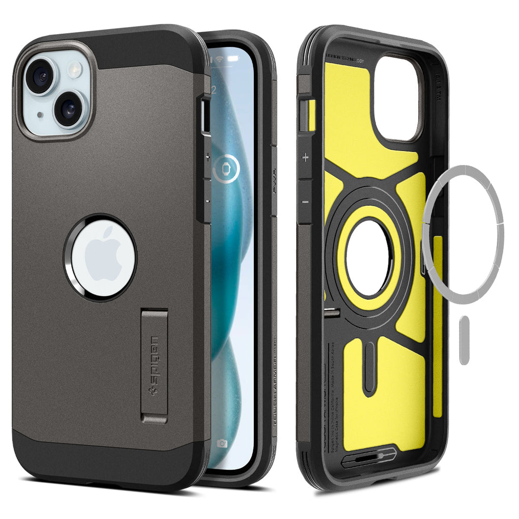 iPhone 15 Case Tough Armor (MagFit) in gunmetal showing the back and front