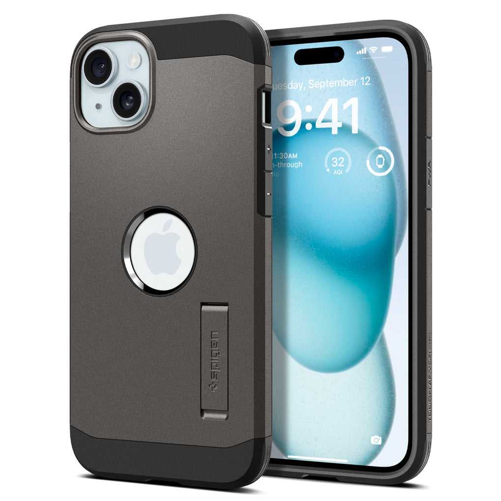 iPhone 15 Plus Case Tough Armor (MagFit) in gunmetal showing the back and front