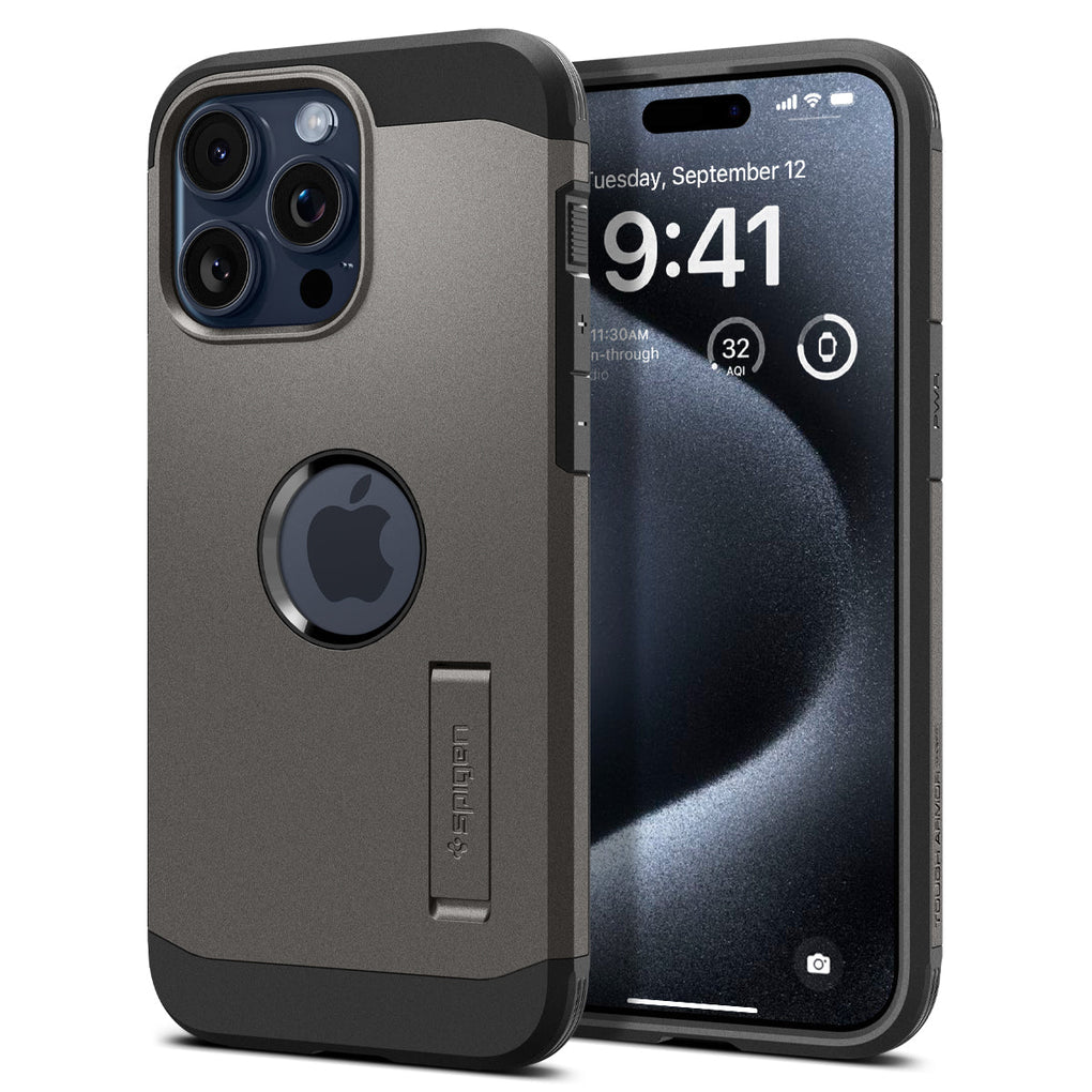 iPhone 15 Pro Case Tough Armor (MagFit) in gunmetal showing the back and front