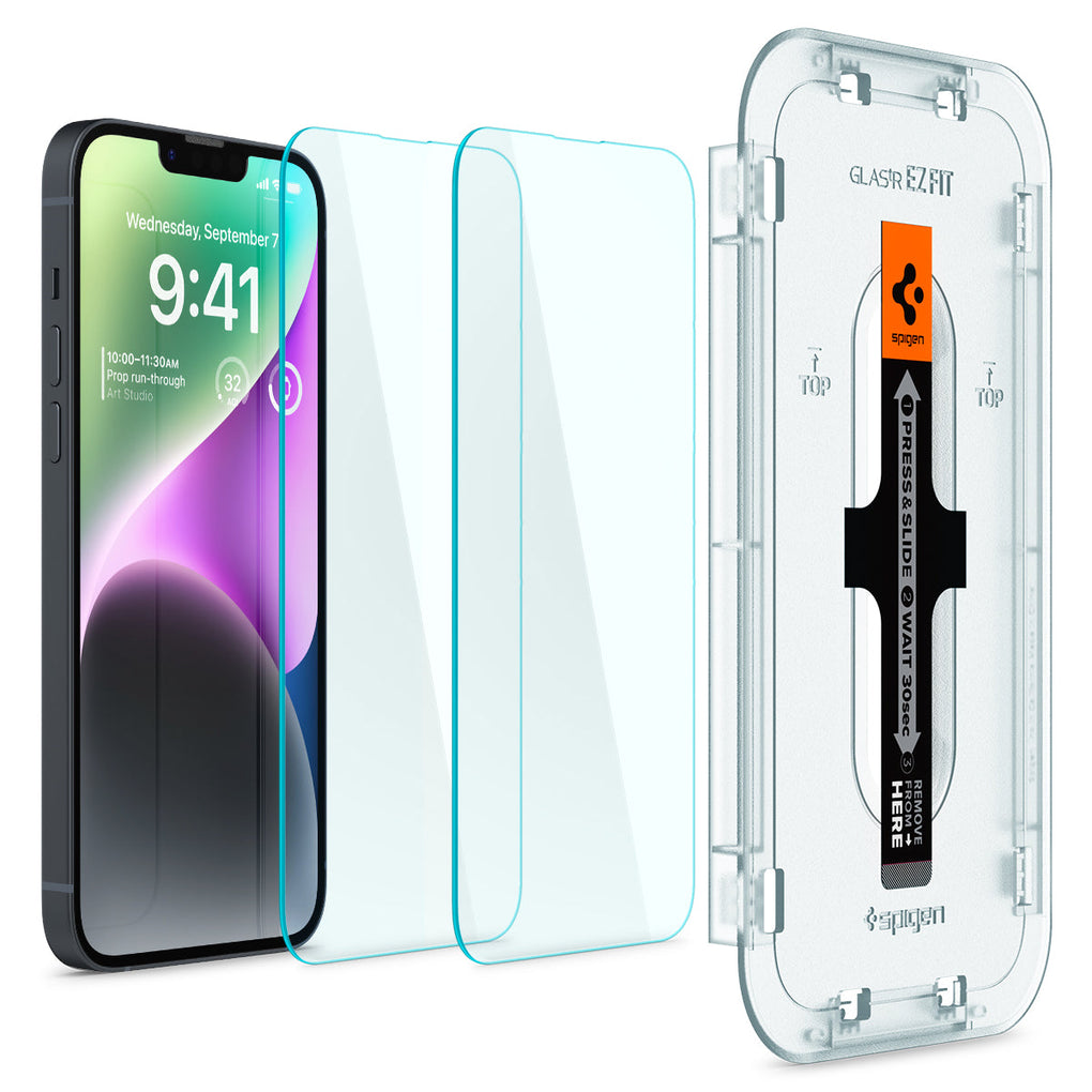 iPhone 14 Plus Screen Protector EZ FIT GLAS.tR (Sensor Protection) showing the device, two screen protectors and ez fit tray