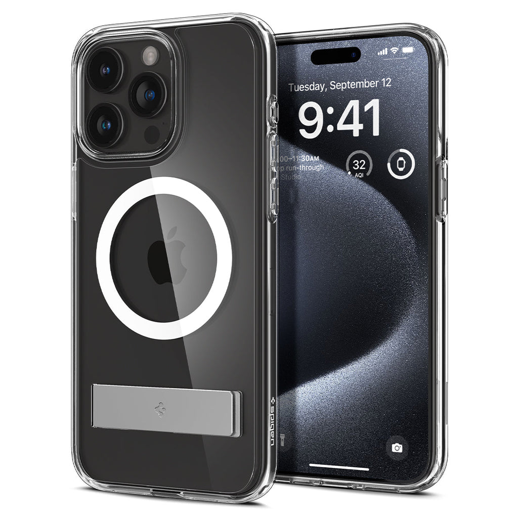 iPhone 15 Pro Case Ultra Hybrid S (MagFit) in crystal clear showing the back and front