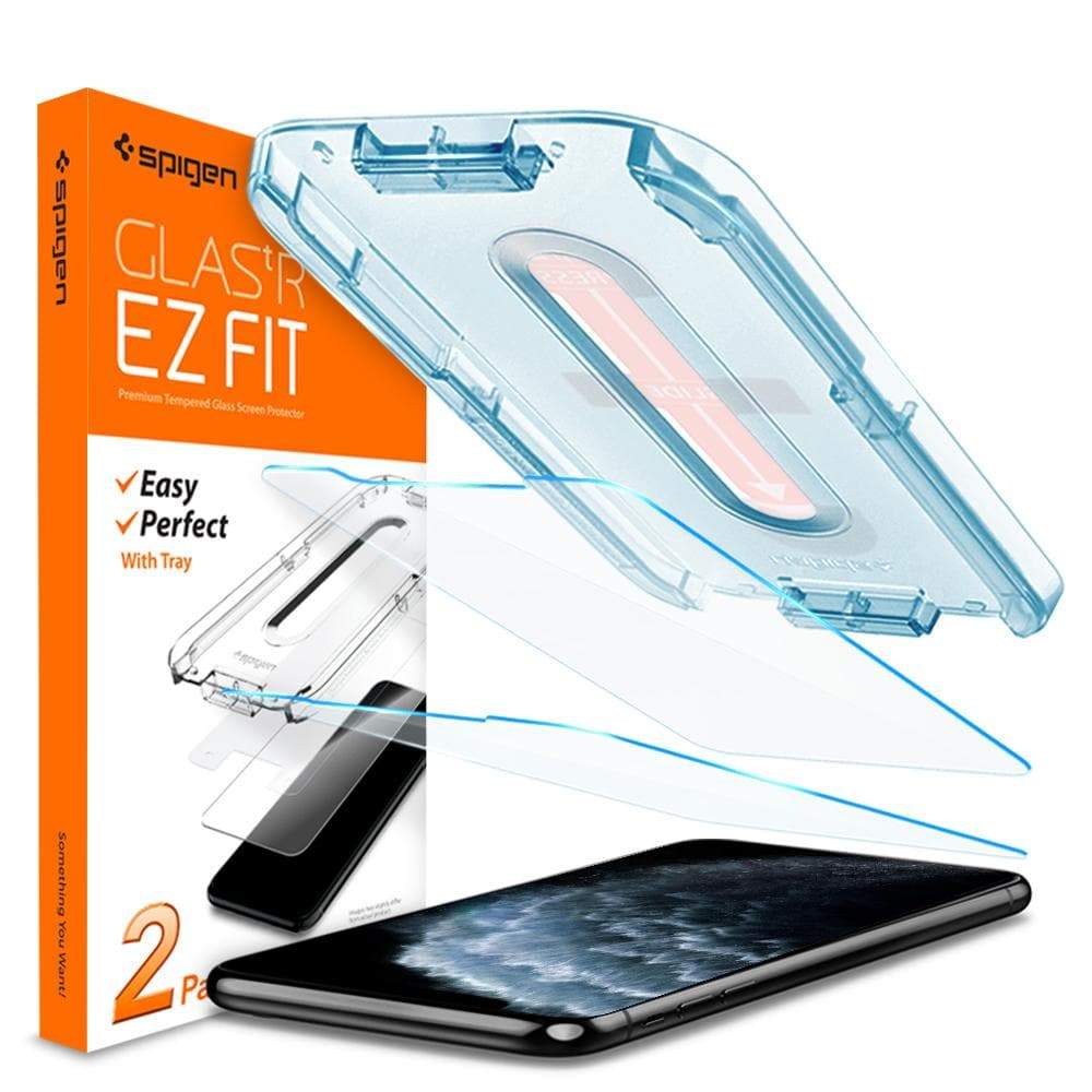 iPhone 11 Pro / XS / X Screen Protector EZ FIT GLAS.tR SLIM showing the box, ez fit alignment tray, two screen protectors, and device