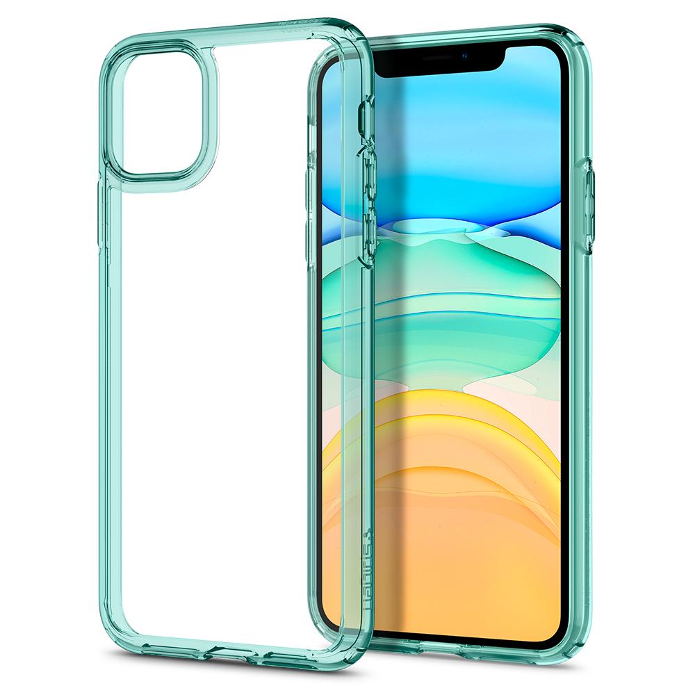 Green Crystal iPhone 11 Case Ultra Hybrid showing the back without device and front with device