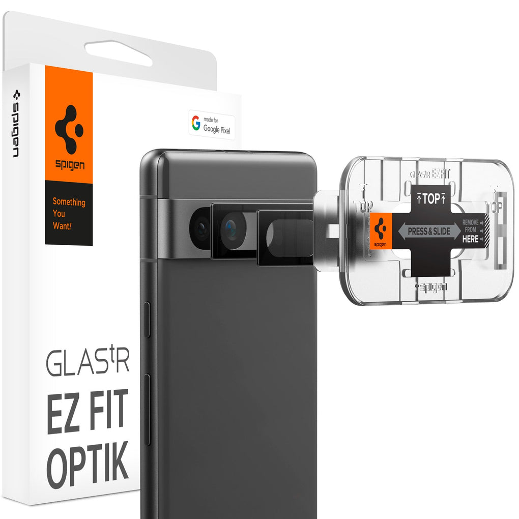 Pixel 7a Glas.tR EZFit Optik Lens Protector in black showing the device, two optik lens protectors, ez fit tray and packaging