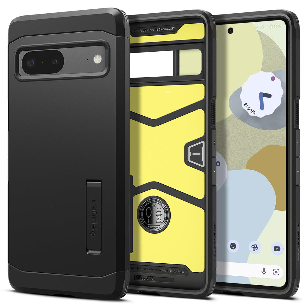 Pixel 7 Case Tough Armor in black showing the back, inside and front