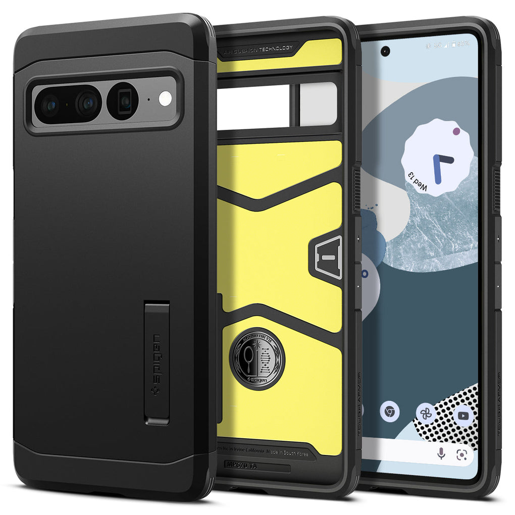 Pixel 7 Pro Case Tough Armor in black showing the back, inside and front