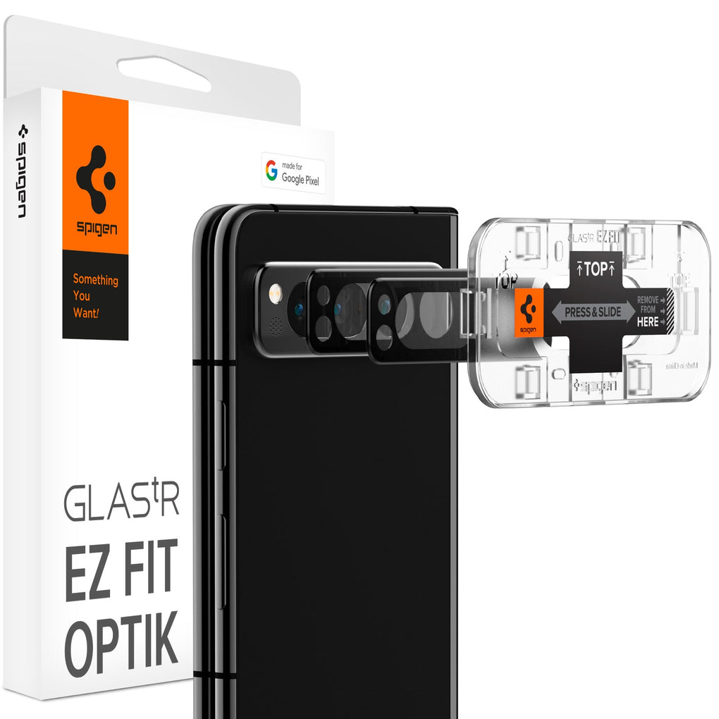 Pixel Fold Glas.tR EZFit Optik Lens Protector in black showing the device, two optik lens protectors, ez fit tray and packaging