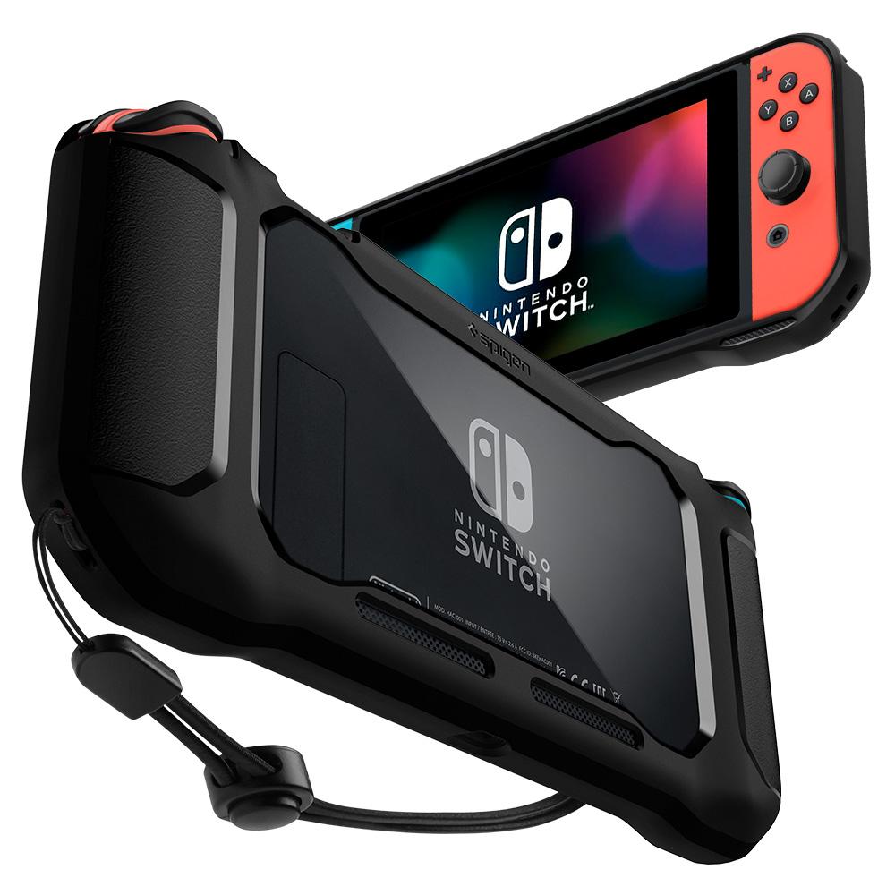Nintendo Switch Case Rugged Armor in black showing the back, front, bottom and side